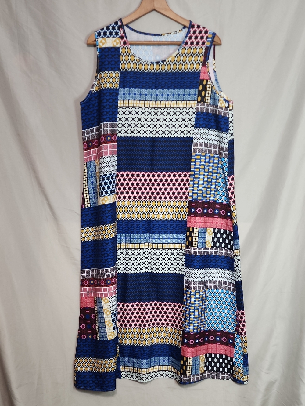 Sleeveless Patchwork Print A-Line Dress - Navy & Pink